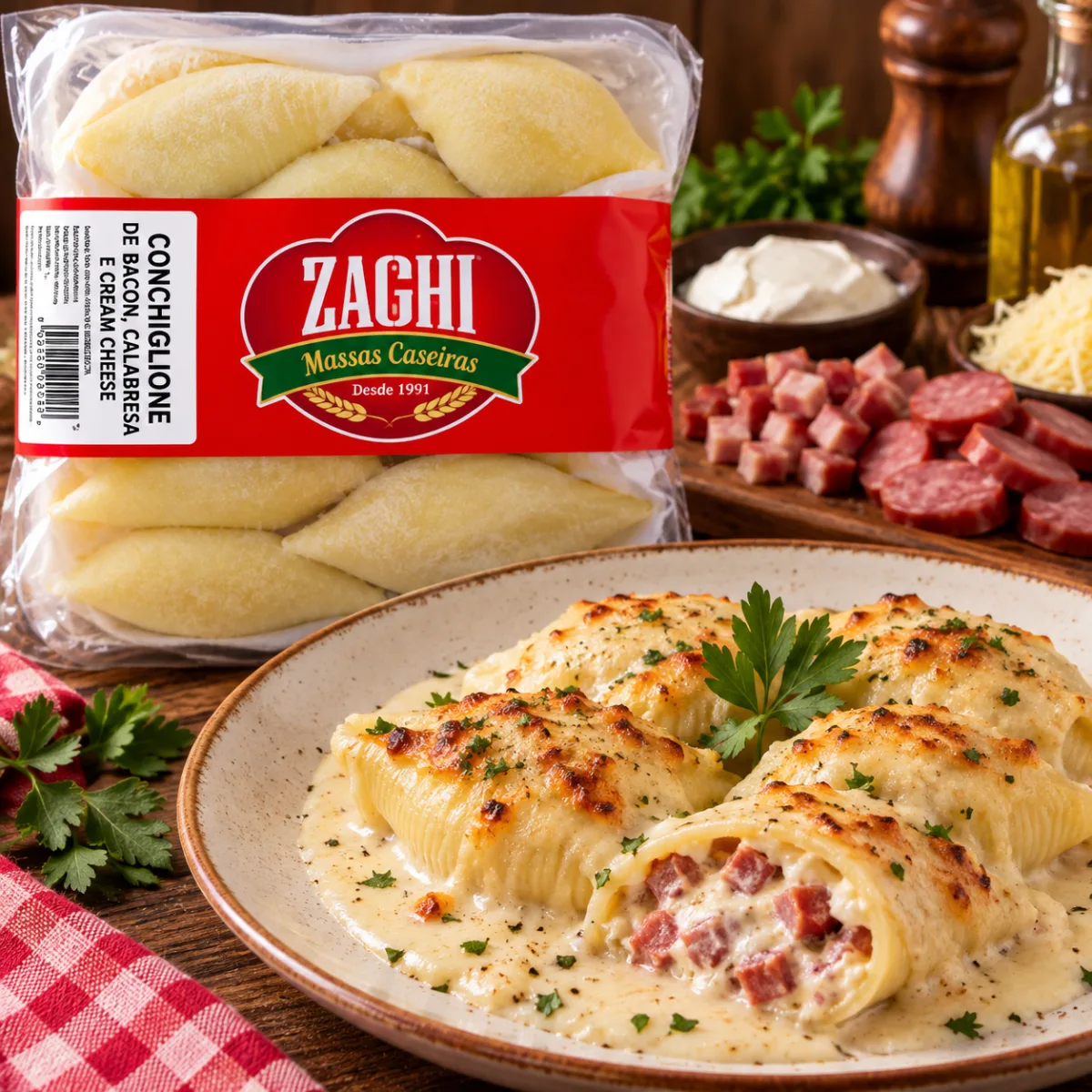 Conchiglione de Bacon, Calabresa e Cream Cheese